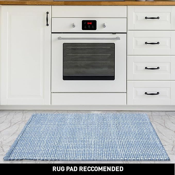 Chardin home Blue & White Cotton Throw Rug, 21x34 Inches Area Rug for Bathroom Kitchen entryway, Reversible Handwoven Rug Machine Washable.