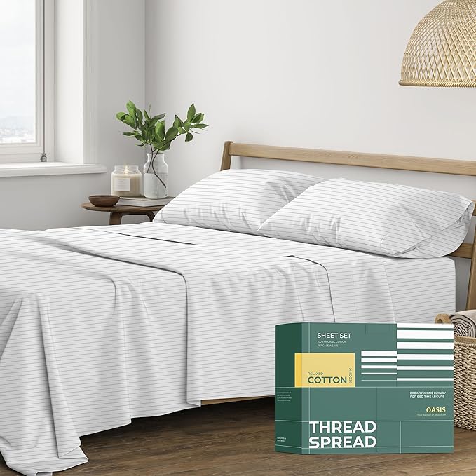 THREAD SPREAD 100% Organic Cotton Sheets Full Size - Organic Cotton Full Size Percale Sheet Set (4 PC, Light Grey Pinstripe), Soft, Cooling, Crisp & Breathable, 16" Deep Pocket Hotel Bedding Set