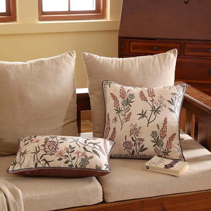 ISAENNE Design Linen Vintage Throw Pillow Covers 18"x18" Pack of 2, Square Cushion Covers with Blue Pink Flowers Green Leaves Pattern Decoration Pillowcases for Bed,Living Room,Outdoor,Car
