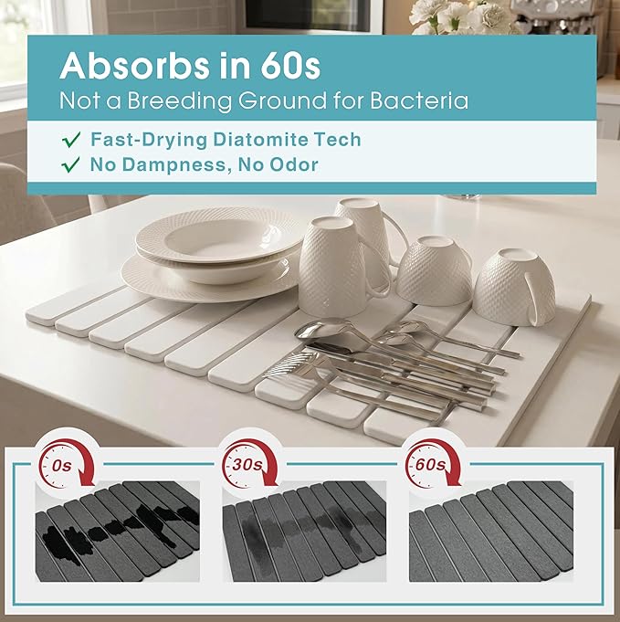Diatomaceous Earth Stone Dish Drying Mat for Kitchen Counter – Quick Drying Mat Set (1*Large 23"×15.5" & 2*Small 7.5"×4") | Kitchen Drying Mat for Dishes, Cups & Utensils, Sink Mat (White)