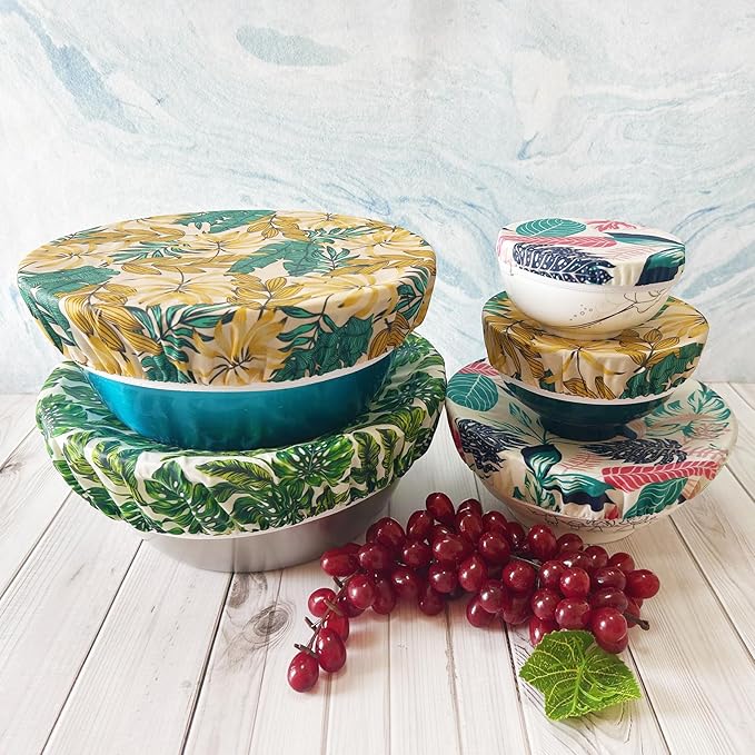 5 Pcs Eco-friendly Reusable Beewax Bowl Covers Cotton Cloth Storage Elastic Food Storage Covers For Food, Fruits and Leftover