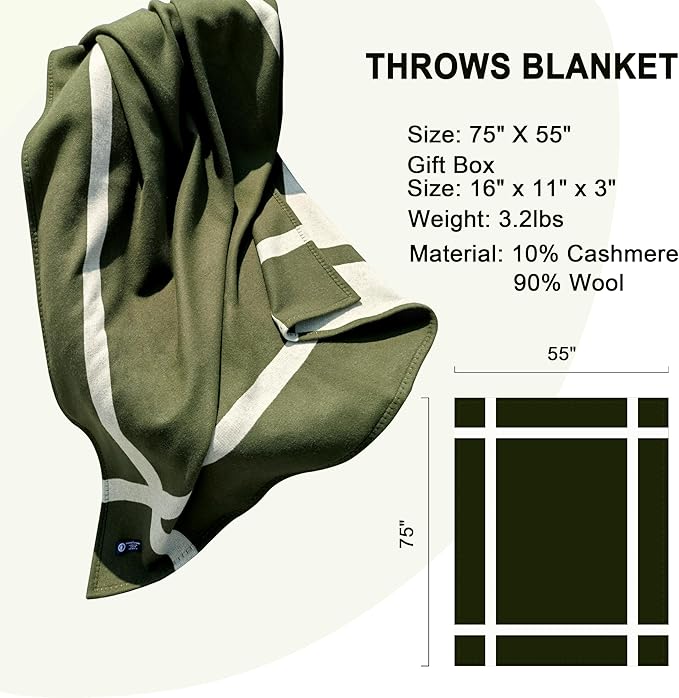 Wool Blanket & Throws 90% Wool Warm Blanket Soft Couch Blankets 75"x55" Twin Throw Blankets for Living Room, Camping, Outdoors, or Car Travel with Exquisite Box for Gift (OliveGreen)