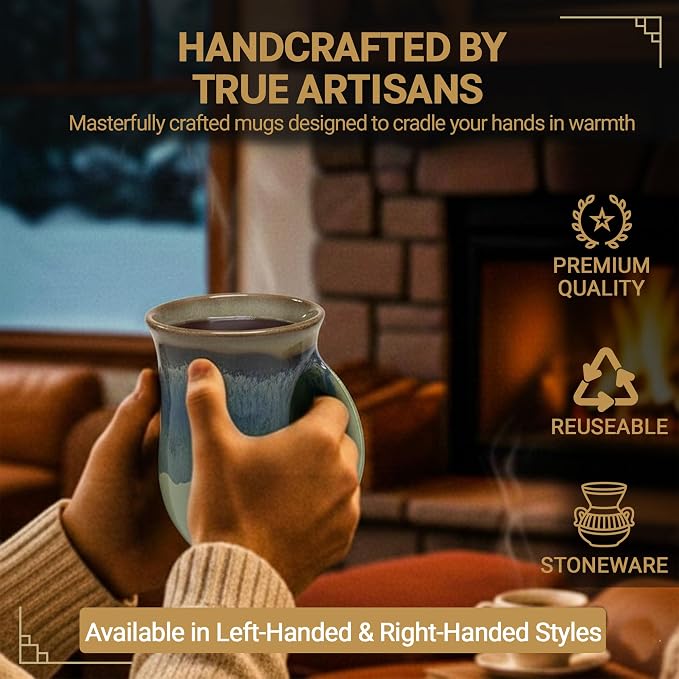 Clay in Motion Hand Warmer Coffee Mug – Handmade Coffee Mug With Comfortable Handle Contoured Pocket Hand Warming Ceramic Coffee Mug – Proudly Made in USA – Right Handed – 14 Oz - Mountain Meadows