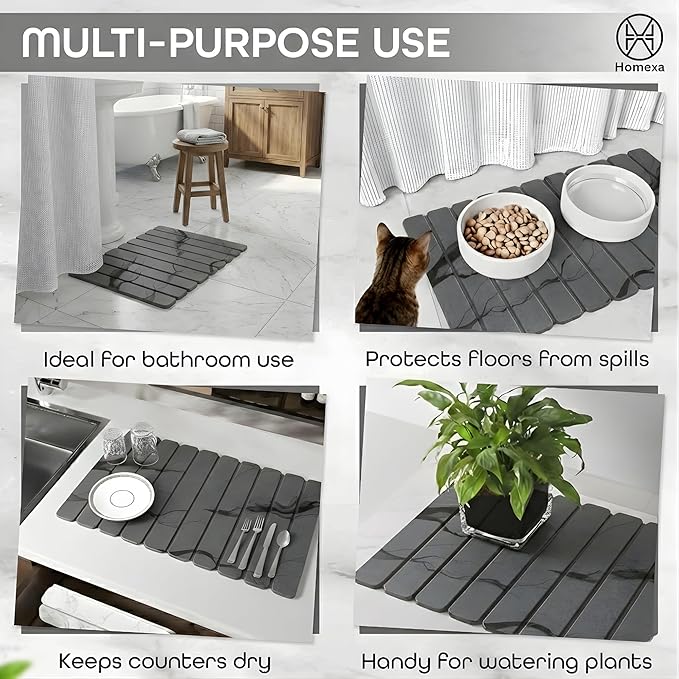Stone Dish Drying Mat 24" x 16" – Dish Drying Stone Mat – Large Diatomaceous Earth Drying Mat with Non-Slip Base – Quick Dry Kitchen Drying Pad for Dishes, Glassware & Bottles (Marbled Dark Grey)