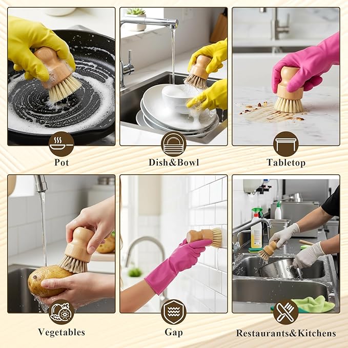 7 Pcs Bamboo Scrub Brushes Set, Kitchen Dishwashing Scrubber with Natural Sisal/Palm Bristles, Round Mini Dish Brush with Ceramic Holder, for Kitchen Sink Pans Pots Vegetables Cleaning