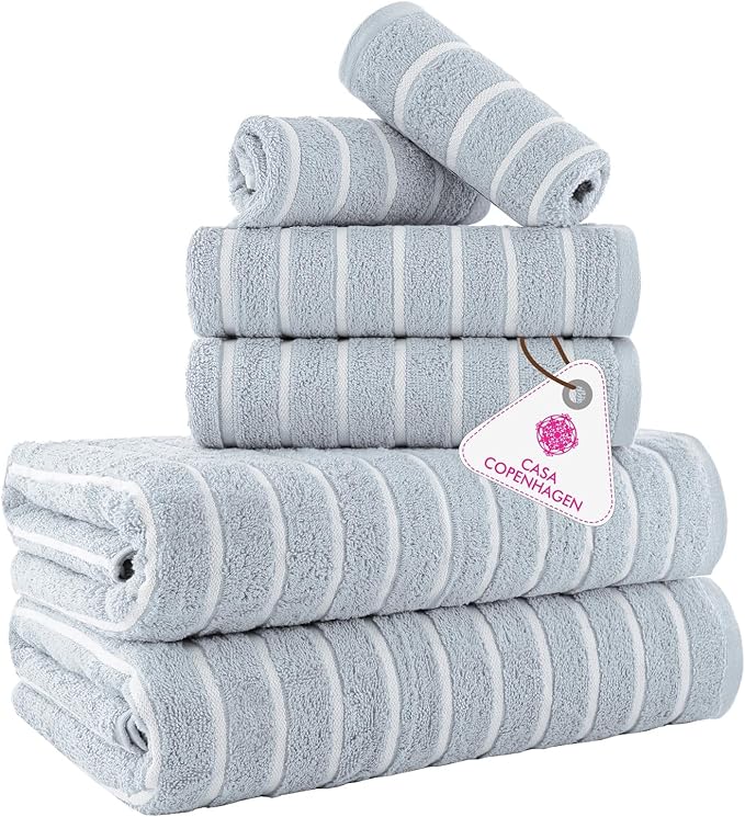 CASA COPENHAGEN Ecstatic 6Pcs 100% Egyptian Cotton Large Designer Towels Gift Set- Dusty Blue, 600GSM, 2Bath 2Hand 2Washcloths, Bath Towels for Bathroom Set for Women & Men