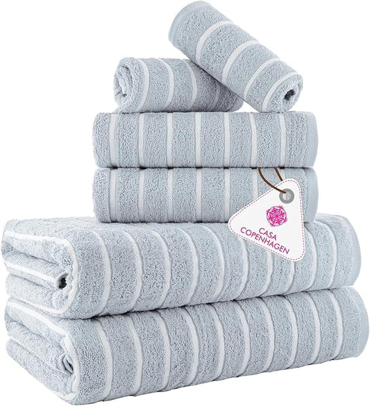 CASA COPENHAGEN Ecstatic 6Pcs 100% Egyptian Cotton Large Designer Towels Gift Set- Dusty Blue, 600GSM, 2Bath 2Hand 2Washcloths, Bath Towels for Bathroom Set for Women & Men