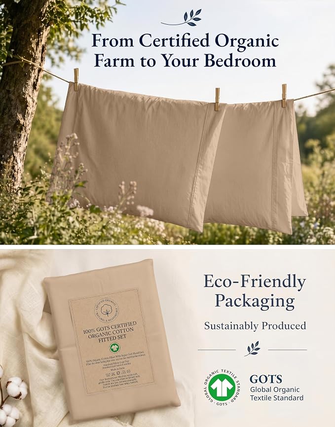 LANE LINEN Twin Fitted Sheet Set (No Flat Sheet) - 100% Organic Cotton Soft & Breathable Percale Weave Fitted Sheet Set For Added Comfort - 15'' Deep Pocket For Snug Fit - GOTS Certified - Taupe