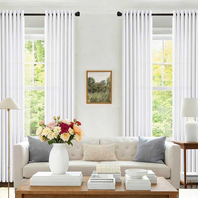 80 Inches Long White Linen Curtains 2 Panels for Living Room Large Window Bronze Grommet Top Semi Sheer White Drapes Light Flitering Privacy Floor to Ceiling 80 Inch Curtain Panels for Sliding Door