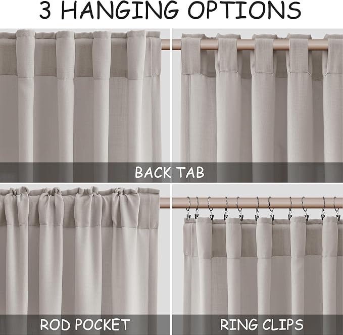 Nanspring Stone Grey Linen Curtains 90 Inches Long for Living Room Simple Modern Light Filtering Semi Sheer Curtain Back Tab and Rod Pocket Neutral Luxury Drapes for Bedroom Office 52x90, 2 Panels