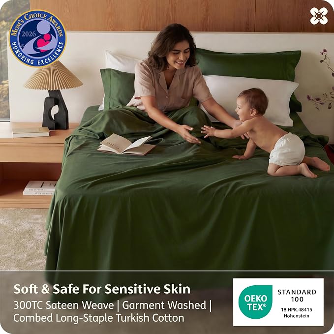 Bedsure 100% GOTS Certified Organic Cotton Sheets, Full Size Sheets, 16" Deep Pocket Bedsheets with Corner Straps, Eco-Friendly, Soft, Breathable & Luxury PureWoven Cotton Hotel Bedding, Olive Green