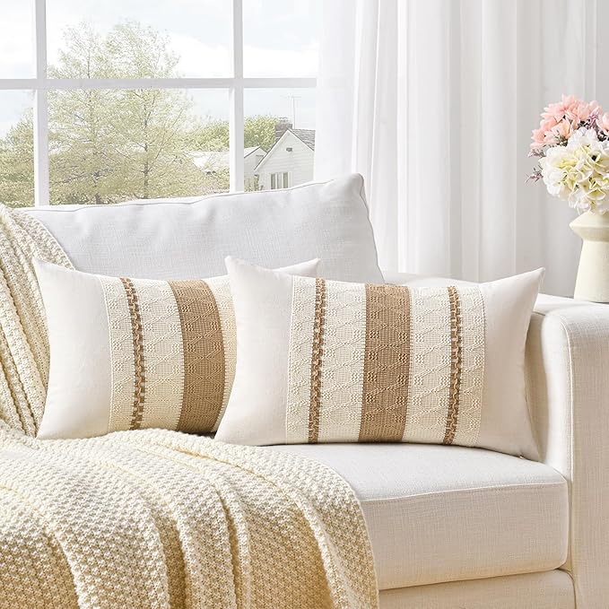 Fancy Homi Set of 2 Tan Neutral Long Lumbar Decorative Throw Pillow Cover 16x24 Inch for Couch Bed Sofa Chair, Modern Organic Farmhouse Boho Home Decor, Soft Cotton Cute Accent Rectangle Cushion Case