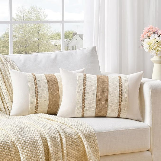 Fancy Homi Set of 2 Tan Neutral Long Lumbar Decorative Throw Pillow Cover 12x24 Inch for Couch Bed Sofa Chair, Modern Farmhouse Boho Home Decor, Soft Cotton Cute Accent Rectangle Taupe Cushion Case