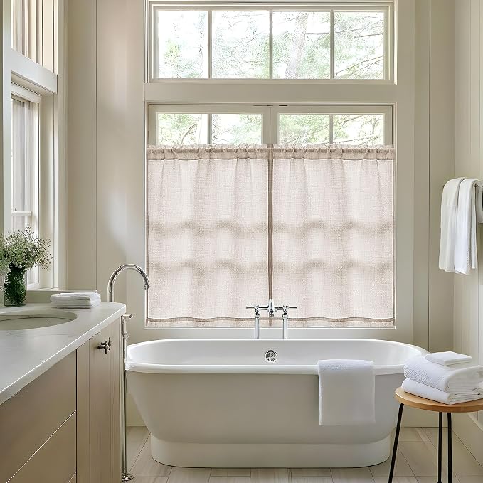 48 Inch Linen Small Window Curtains 2 Panels for Bedroom Bathroom Rod Pocket Privacy Semi Sheer Light Filtering Window Treatments Light Coffee Tan Beige Farmhouse Rustic Door Curtain W34xL48