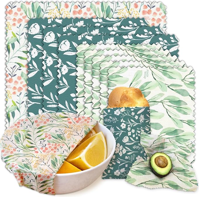 Beeswax Food Wrap, Reusable Beeswax Wraps Storage Set 9-Pack (5S 3M 1L), Organic and Beeswax Wraps Reusable, Sustainable Alternative/Flowers Grass