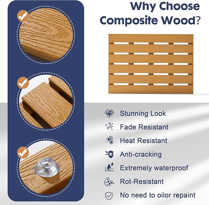 Bamboo-Design Bath Mat, Heavy Duty HDPS Plastic, 19.7" x 13.8", 400lb Support, 100% Waterproof & Fadeproof, Superior to Real Bamboo for Bathroom Spa Sauna Poolside Outdoor (Bamboo Color)