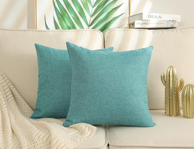 Stellhome Burlap Large Throw Pillow Covers Textured Farmhouse Linen Pillowcase for Bed Couch Sofa Bench Rustic Pillows Neutral Accent Cushion Cases Set of 2, 24 x 24 inch (60 x 60 cm), Blue Green