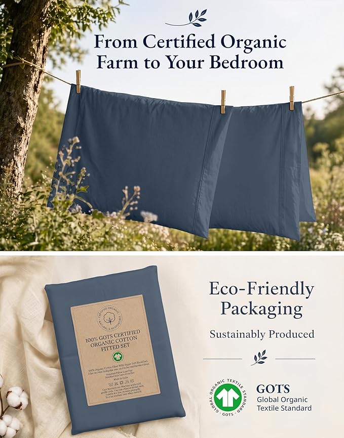 LANE LINEN Twin XL Fitted Sheet, 100% Organic Cotton 2-Piece Set (1 Fitted Sheet, 1 Pillowcase), Percale Weave, Soft, Breathable, Fits Mattress Upto 15" Deep - Estate Blue (No Flat Sheet)