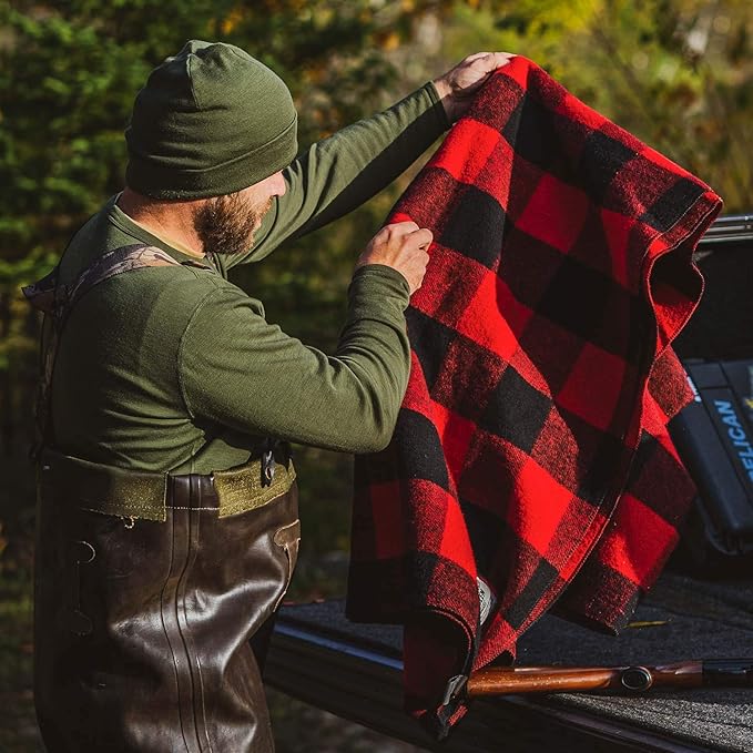 Lodge Twin Blanket - 80% Recycled Wool - Buffalo Plaid - Warm Throw Blanket - Thick - Washable - 65W x 90L - Red and Black Plaid
