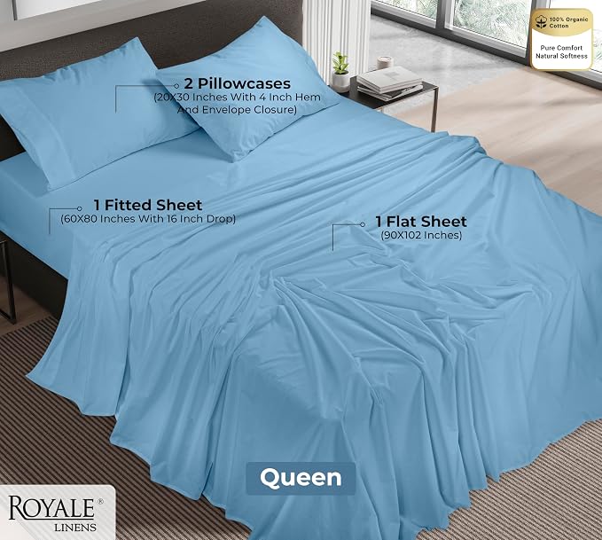 ROYALE LINENS 100% Organic Cotton Queen Sheet Set - Percale Weave - 4 Pieces Set - 1 Flat, 1 Deep Pocket Fitted Sheet and 2 Pillowcases - Lake Blue Bed Sheets - Sábanas Queen - Crisp Cool (Lake Blue)