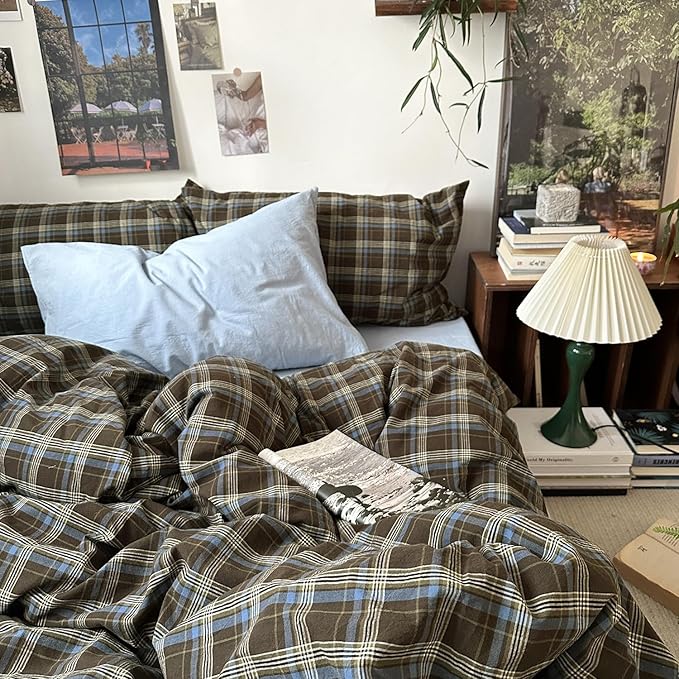 mixinni Vintage Buffalo Plaid Duvet Cover Set Full Size - 3 Piece Washed Cotton Bedding Set with Grid Pattern, Soft & Breathable Duvet Cover with Pillowcases for All Seasons,(Brown & Blue, Beige)