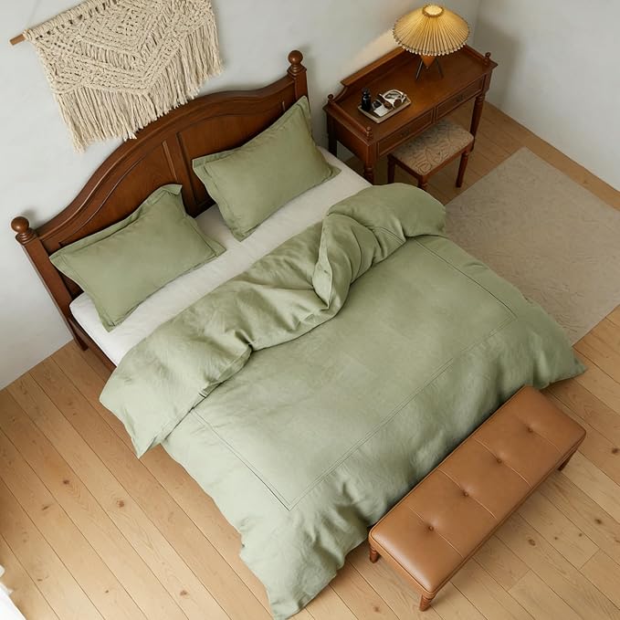 Simple&Opulence 100% Washed Linen Duvet Cover Set 78"x86" - 3 Pieces Soft Farmhouse Comforter Set Double Embroidered with Button Closure - 1 Duvet Cover and 2 Pillowshams (Sage Green, Full)