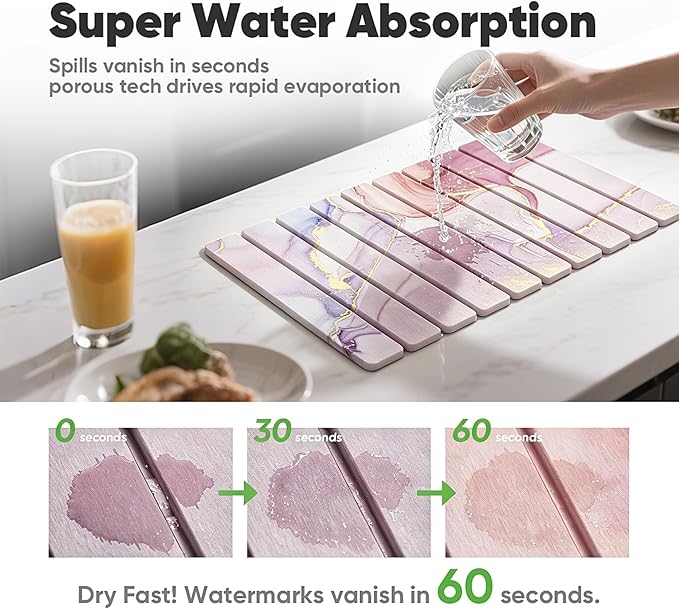 Stone Dish Drying Mat for Kitchen Counter - 24" x 16" Ultra Absorbent Diatomaceous Earth Mat, Foldable Fast Drying Countertop Protector, Non-Slip Eco-Friendly Stone Mat for Dishes
