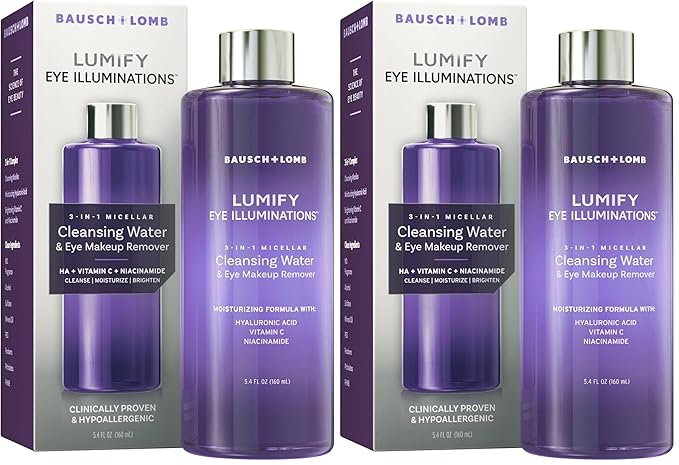 LUMIFY Eye Illuminations Cleansing Water&Eye Makeup Remover,3-in-1 Micellar Water Contains Hyaluronic Acid,Vitamin C&Niacinamide,Hypoallergenic,Removes Waterproof Makeup,5.4 Oz (160 mL),(Pack of 2)
