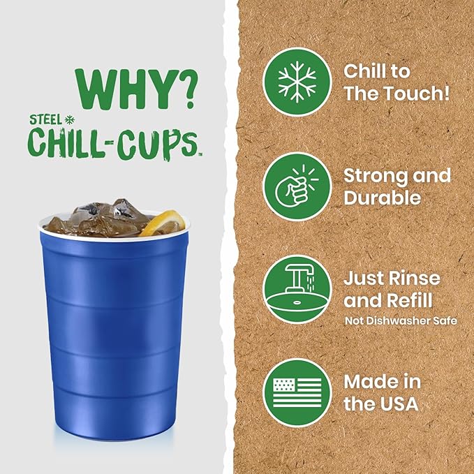 Steel Chill Cups 16 oz. Party Cups, Perfect for Cold Drinks, Sturdy & Durable, Disposable and 100% Recyclable, Made in USA, Blue, 12 Count