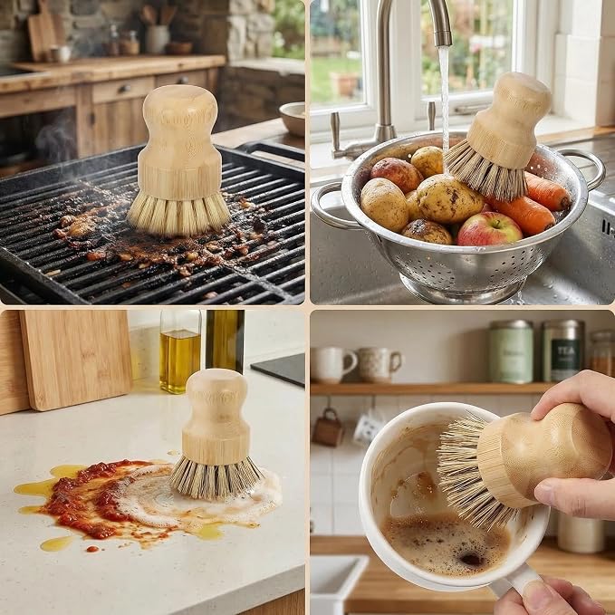 Bamboo Dish Brush Set – Natural Bamboo Brush with Sisal & Palm Bristles for Non-Stick Cookware, Pots, Vegetables, and Kitchen Cleaning - Eco-Friendly Vegetable Brush（2PCS）