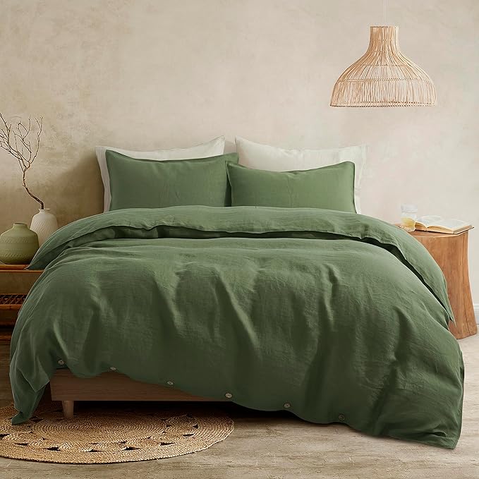 ATLINIA 100% Flax Linen Duvet Cover Set - Stone Washed Pure French Linen Organic Fabric for Farmhouse Comforter Boho Bedding Included 1 Duvet Cover 2 Pillow Shams(Green, King)