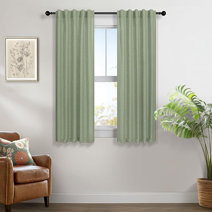 Sage Green Curtains 38 Inch Width for Kitchen Doors 2 Panels Back Tab Rod Pocket Linen Cafe Tier Light Filtering Short Sheer Light Green Curtains for Bathroom Laundry Farmhouse Decor Wide 38x45 Length