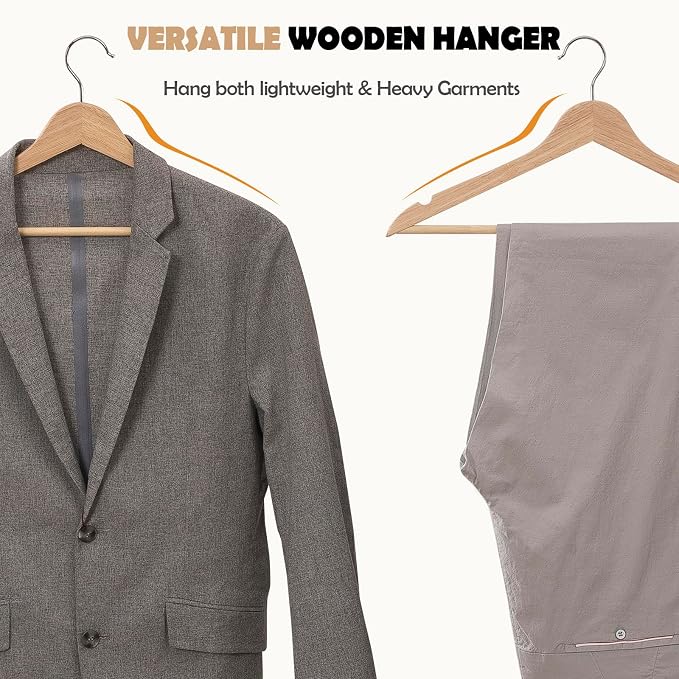 Solid Wooden Hangers 30 Pack, Wood Suit Hangers with Extra Smooth Finish, Precisely Cut Notches & Chrome Swivel Hook, Wooden Clothes Hangers for Shirt Coat Jacket Dress, Natural