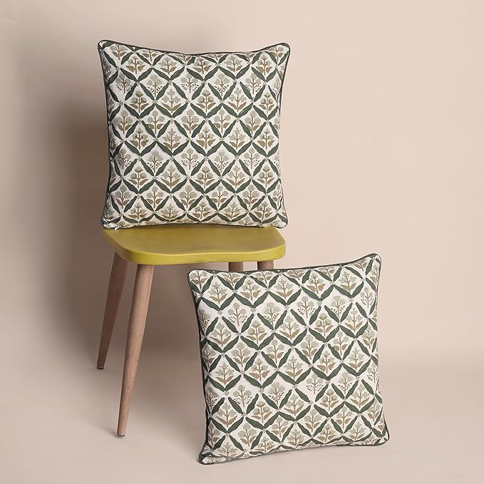 SheetKart Pure Cotton Throw Pillow Covers - Set of 2 - Hand Block Pure Cotton Printed Boho Decorative Pillow Covers - Cushion Covers for Living Room, Bohemian Theme, 16 x 16 Inches, Sagewood Olive