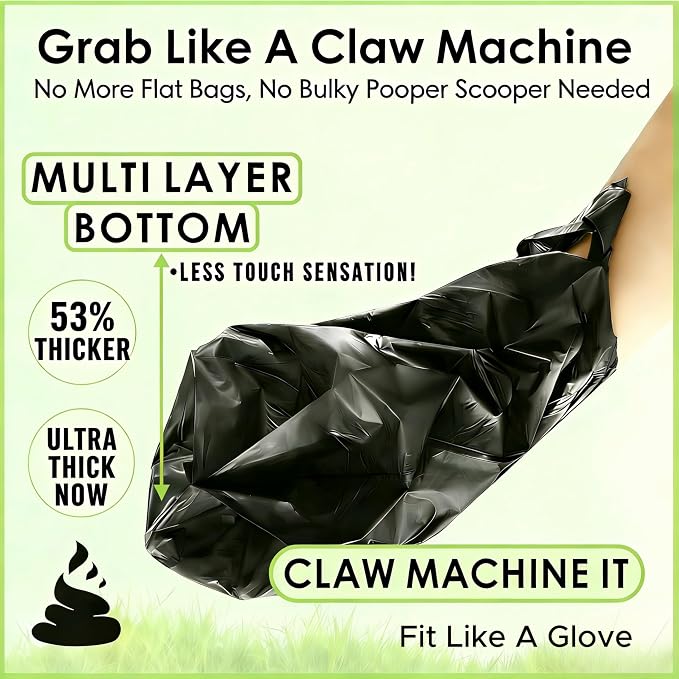 Ultra Thick RockRhino Dog Poop Bags - Claw Machine Style Pickup with Multi-Layer Bottom, ECO Heavy Duty, 0% Plastic, 100% Home Compostable, Mint-Scented, Easy Open Tie Handles, Glove Fit - 210 Bags