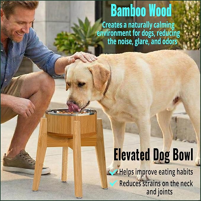 Elevated Dog Bowl for Mid-Large Breed, (12-Inch High, 64-oz) | Raised Food and Water Bowl with Stand, Flip-Resistant - Real Bamboo and Stainless Steel