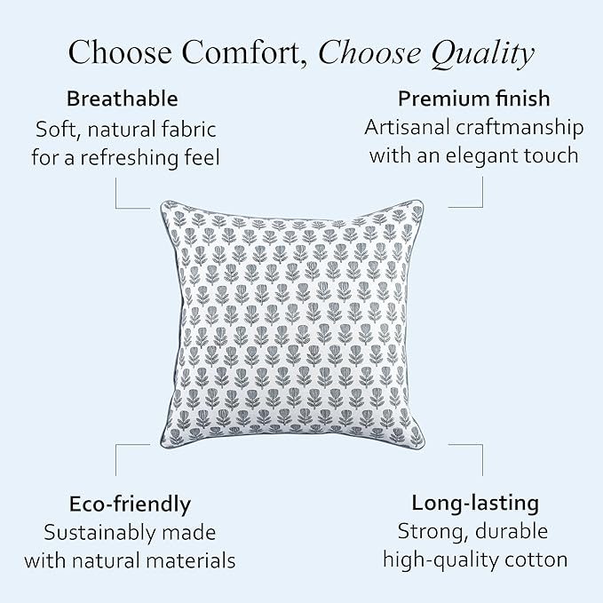 CPC Morning Bloom Blue Block Print Throw Cushion Cover 24 x 24 Inch Set 2 - Decorative Boho Floral Pillow Case For Living Room, Bed, Sofa, Couch, Home Decor Cushion Cover Gift For Spring, Mother's Day