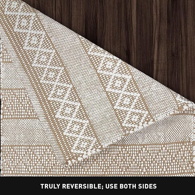 Chardin home Beige & White Boho Throw Rug 2x3 feet |Hand Woven Farmhouse Rug | Great in Kitchens entryways doormats Bathrooms Meditation Mat | Machine Washable & Reversible Cotton Rugs