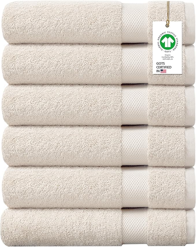 100% Organic Cotton Towels 650 GSM Plush Feather Touch Quick Dry Bath Towel, Pack of 6 GOTS Certified, Oeko-Tex Green Certified, Organic Cotton Bath Towel, 30"X58"