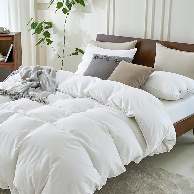 EVERLY 100% Pure Linen Duvet Cover Set Queen Size 90X90Inch 3pcs (1 Duvet Cover,2 Pillowcases) Soft and Breathable for All Season with Coconut Button Closure, Suitable for Hot Sleepers-White-Queen