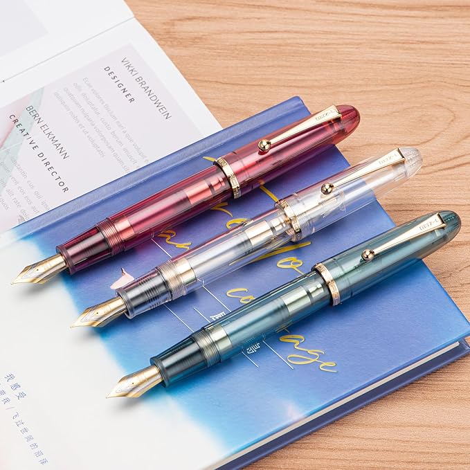 Jinhao 9019 DaDao Series Fountain Pen, Size 8 Fine Nib with Large Ink Converter, Transparent Wine Red Acrylic Design Smooth Writing Pen (Gold Trim)