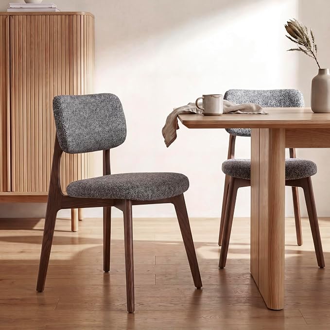 COLAMY Dining Chairs Set of 6, Modern Upholstered Kitchen Room Chairs with Solid Red Oak Wood Legs, 5-Min Easy Assembly Anti-Wobble, High-Weight Fabric Farmhouse Side Chair, 300lbs,Walnut,Darkgrey