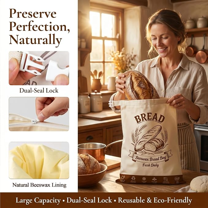 Beeswax Bread Bags for Sourdough 2 Pack 17x13 - FDA Compliant Reusable | Double-Seal Lock, Replaces Plastic Wrap, Zero Waste, for Artisan Boules, Baguettes, Homemade Loaves & Proofing Cover Included