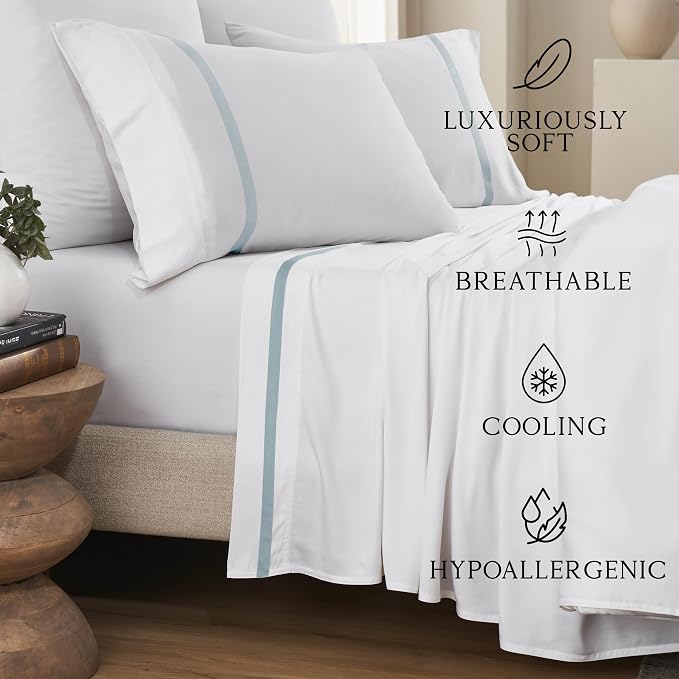 KARISSA MAE Pure Viscose from Bamboo King Size Pillowcase Set | 100% FSC Certified | Luxuriously Soft | Cooling | [Signature Frame Coastal Blue]