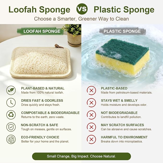 Natural Loofah Dish Scrubber Sponges, 6 Pack Large Plant-Based Kitchen Cleaning Pads, Compostable Non-Scratch Scouring Sponge for Dishes, Sink, Grout and Tile, 4.4 x 2.8 in