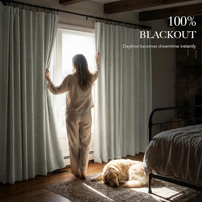 RYB HOME Ivory White 100% Blackout Curtains for Bedroom, Linen Drapes Back Tab&Rod Pocket, Thermal Insulated Privacy Assurd Curtains for Sliding Glass Doors/Dining/Living Room, W52 x L108, 2 Panels