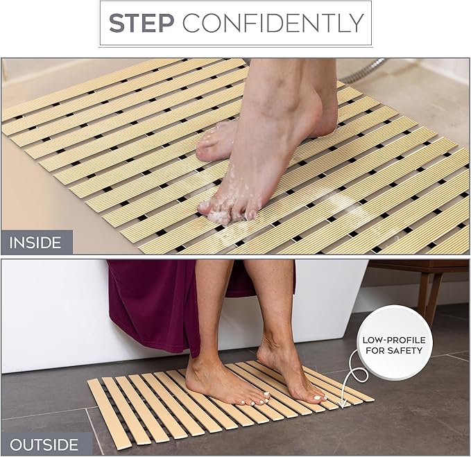 NativeSkins Faux Bamboo Shower Mat (Beige), Non-Slip Safety Lining, Waterproof, Quick-Drying, Eco-Style Slatted Bath Mat for Spa, Sauna - Large 16.9 x 30.7 in