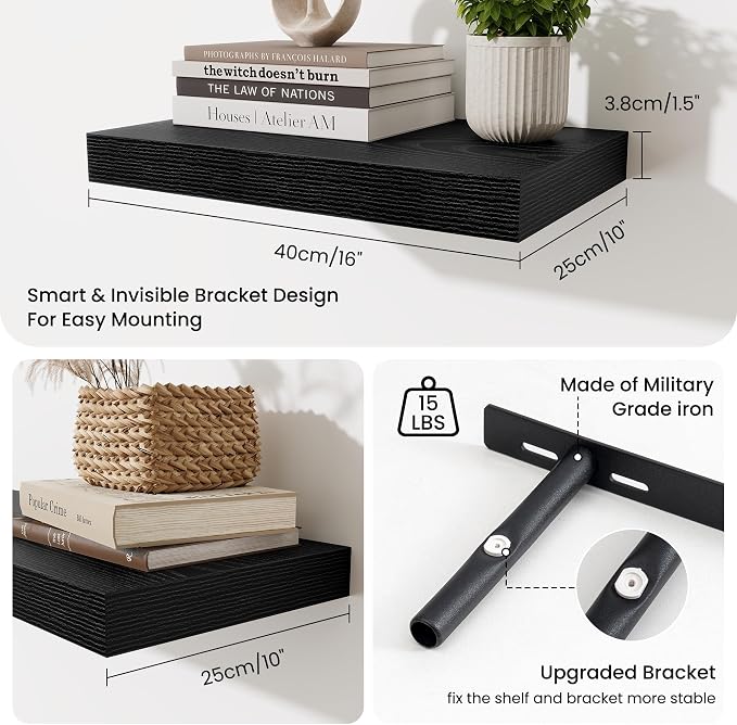 Fun Memories Black Floating Shelves for Wall - 10 x 16 Floating Shelf - Rustic Wood Storage Shelf - Wall Shelves with Invisible Bracket - 16" Bookshelves for Living Room & Bedroom - Black - Set of 2