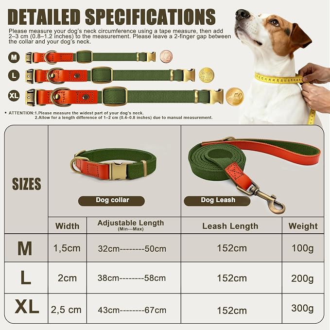 Nylon Dog Leash and Collar Set with Metal Quick Release Buckle, Adjustable, Durable High-Density Fabric, Breathable, Soft and Comfortable, No Pull for Walking and Training, Green, M (12.6"-19.6")
