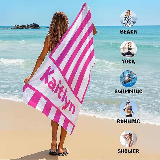 JML Personalized Beach Towel with Name, Custom Cabana Stripe Beach Towel, Customized Microfiber Pool Towel, Quick Dry & Absorbent Swim Towel for Adult,Anniversary, Birthday, Summer Holiday,Vacation